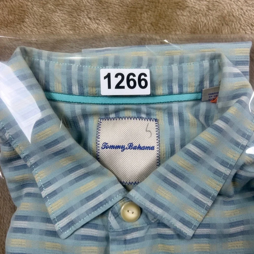 Tommy Bahama Mens XXL Blue Yellow Silk Cotton Textured Stripe Short Sleeve Shirt